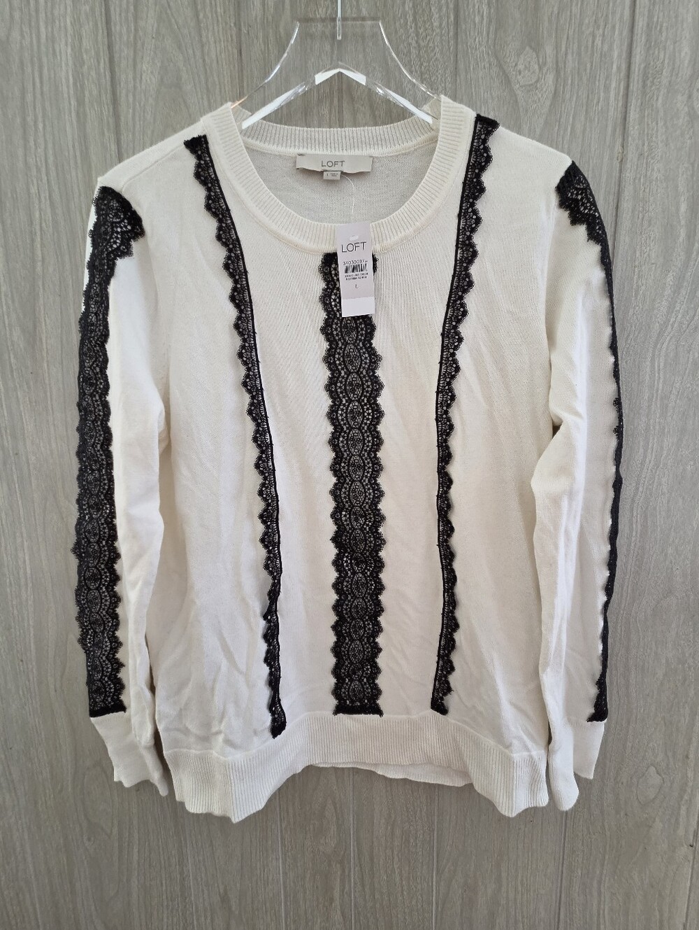 NWT Loft Ann Taylor Off White Lace Details Sweater Knit Top Size L